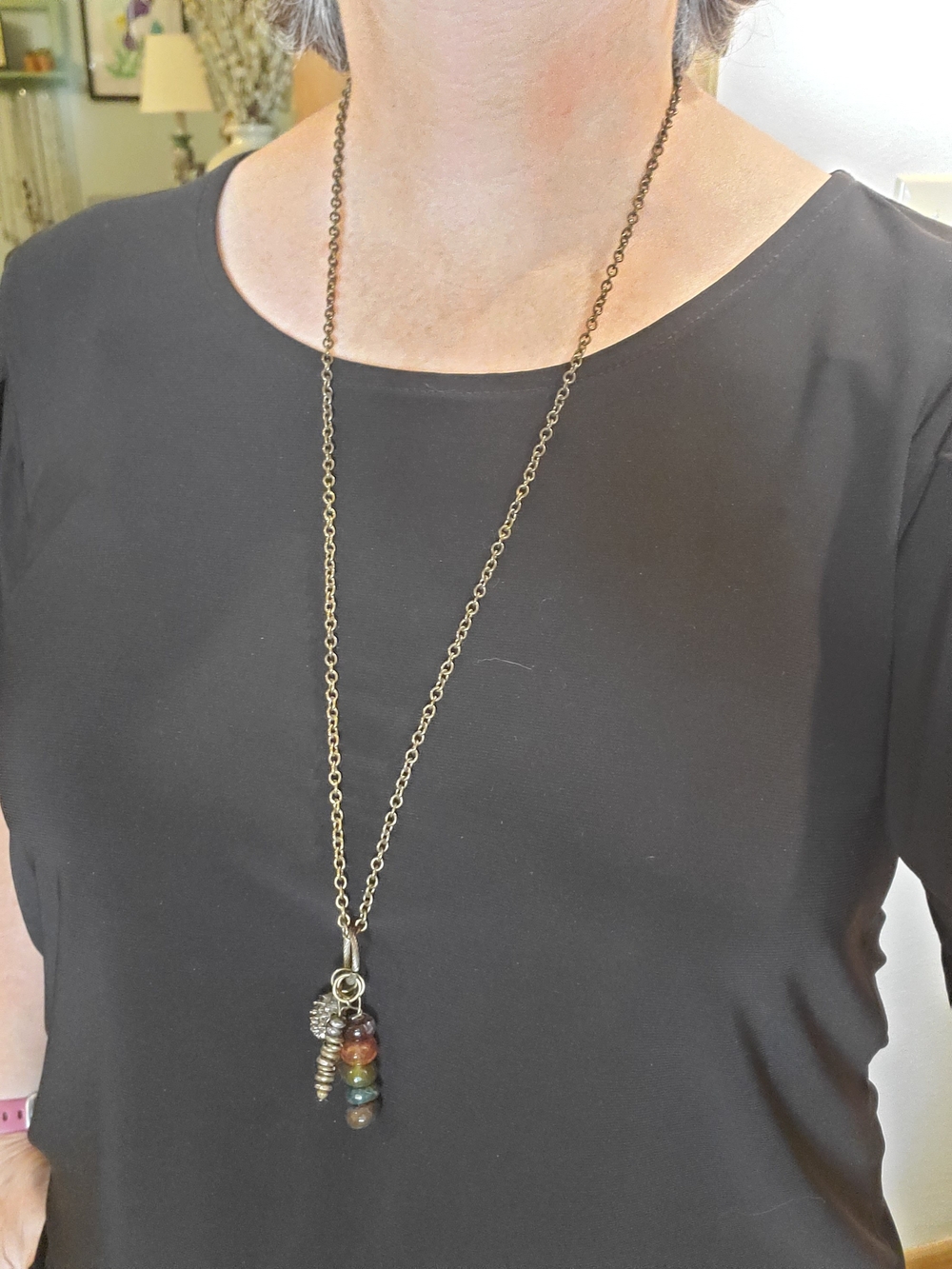 Long Multi-Bead Pendant Necklace - Brass Chain with Multicolor Stones